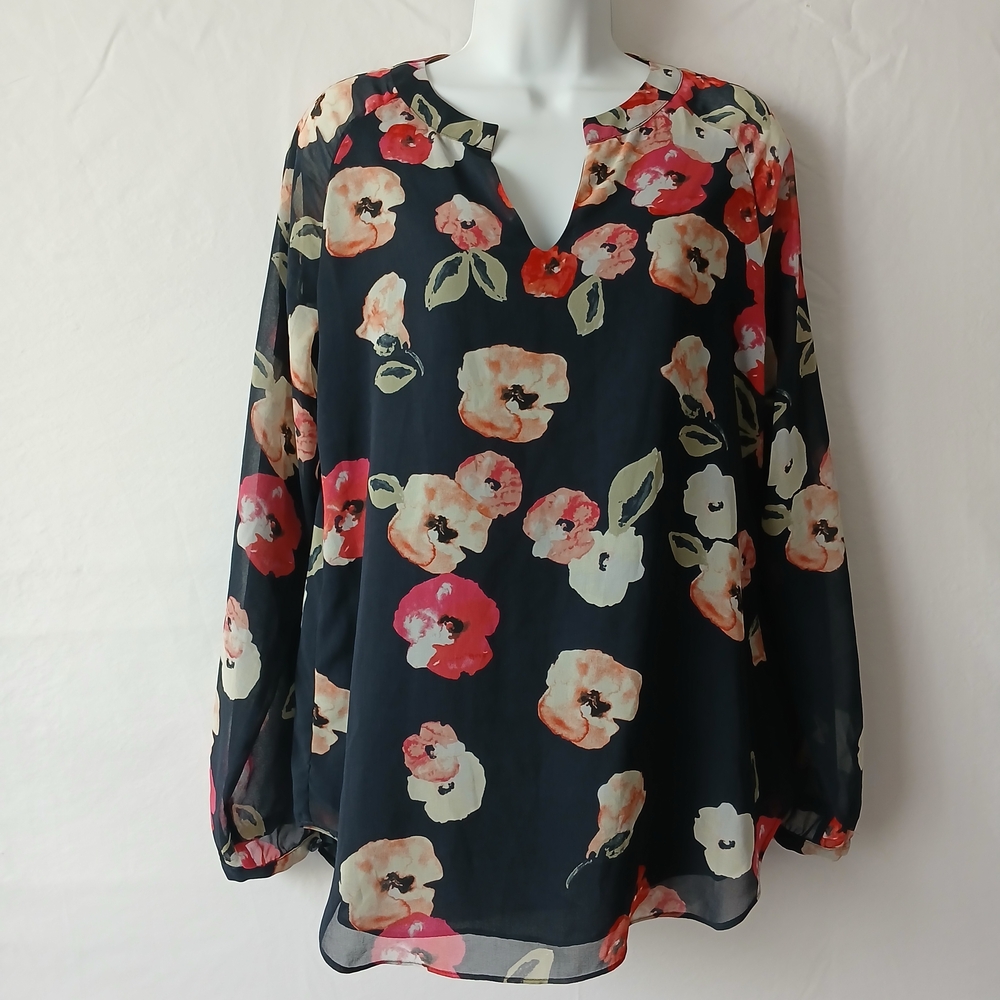 CAbi Black Floral Blouse with Red Floral Split Neck‎ Sz S Career Travel Casual